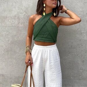 Commense Green Linen Wrap Front Halter Top